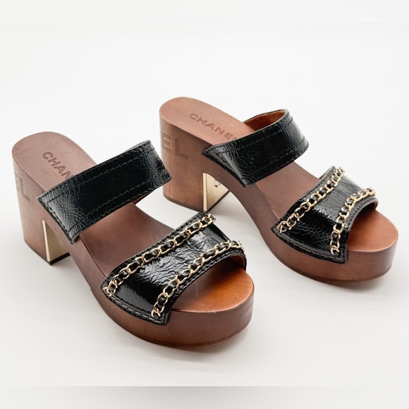 CHANEL Shoes - Chanel Logo Black Patent Leather Chain Clogs Wooden Platform Mules EU 39 US8-8.5